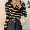 Lazy Style Loose Fitting Pullover Long Sleeved Knitted Sweater Women's Contrasting Striped Short Top