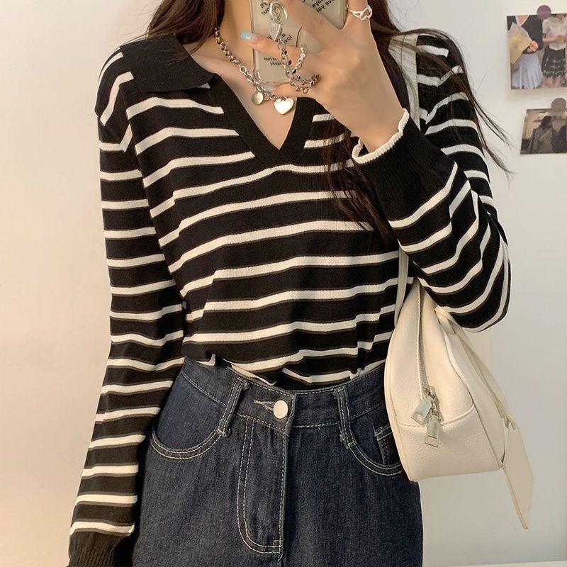 Lazy Style Loose Fitting Pullover Long Sleeved Knitted Sweater Women's Contrasting Striped Short Top