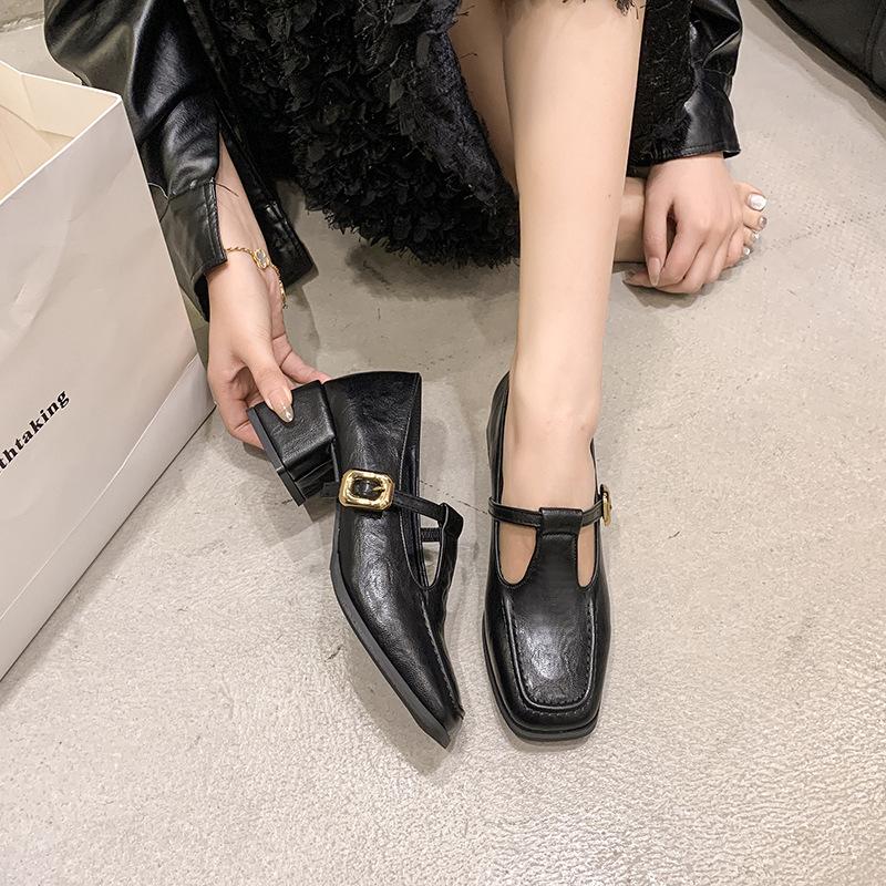 Square Head Thick Heel Single Shoes Women's Spring and Autumn New High Heels Mary Jane Small Leather Shoes