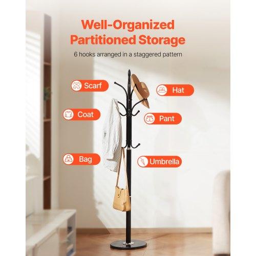 VEVOR Coat Rack Freestanding, Coats Tree Stand with Stable Marble Base & 6 Hooks, Free Standing Hall Coat Rack for Entryway, Bedroom, Office