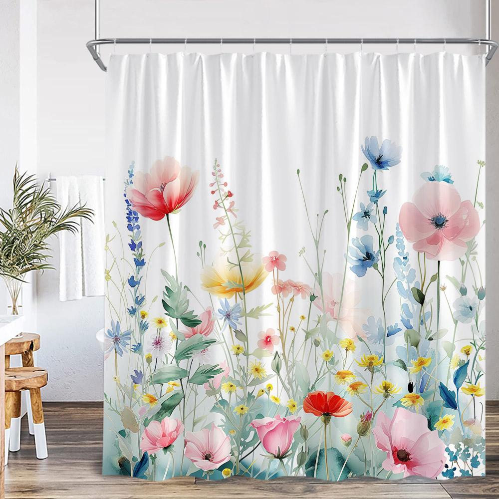 Floral Print Shower Curtains Watercolor Wildflowers Green Leaves Birds Butterfly Bathroom Decorations Polyester Bath Curtains