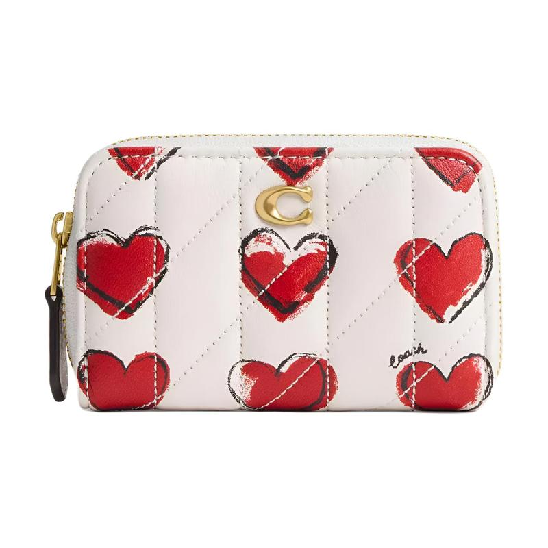 

COACH card holder [Qixi Festival Exclusive] Essential 11 Quilted Heart Print Wrap-around Zipper Sheep Leather Small Women’s Brass Brass and chalk белый