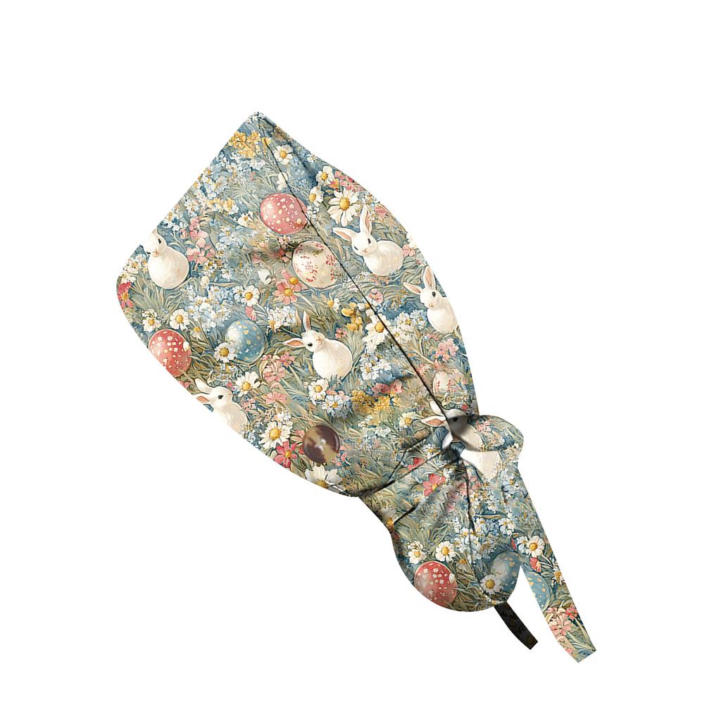 Printed Adjustable Tie Back Scrub Cap with Buttons and Sweatband for Long and Short Hair