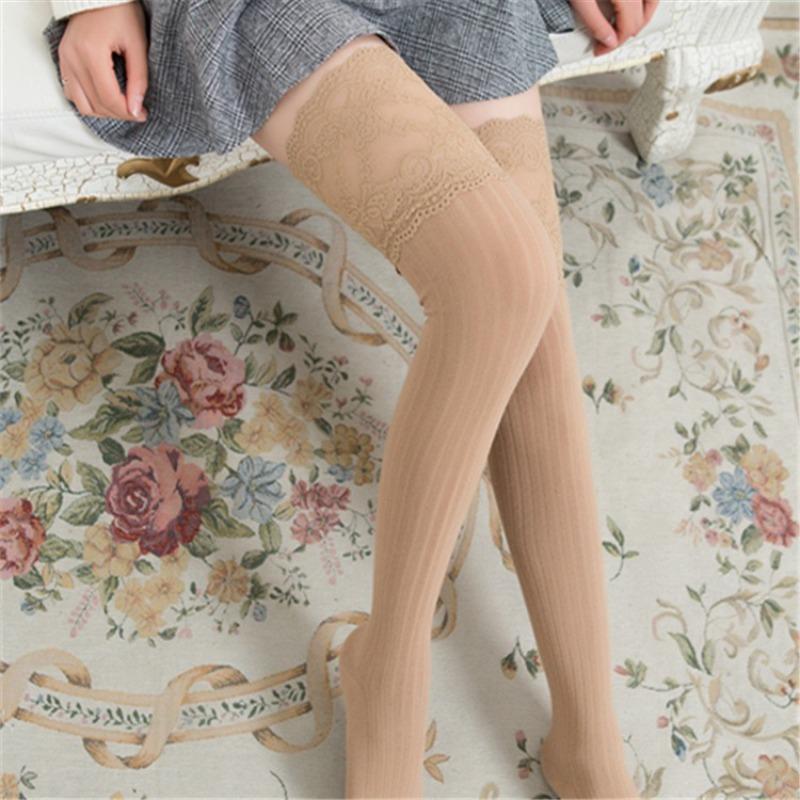 Autumn and Winter Women Lace Slim Thigh High Over The Knee Long Socks Cotton Warm Pure Color Stockings