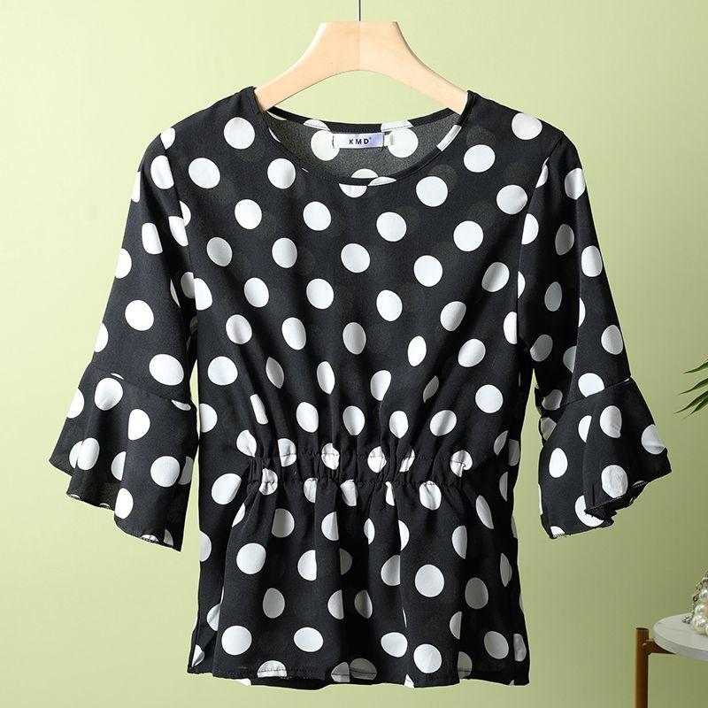 

Летняя шифоновая футболка, женская модная рубашка в горошек, свободная рубашка с оборками и круглым вырезом, средний рукав 4XL чёрный