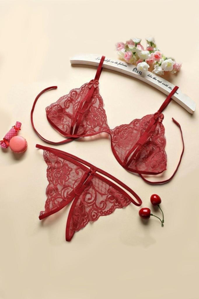 Damenmode Neue Unterwäsche-Sets Damen-Set aus rotem Spitzen-BH und Höschen