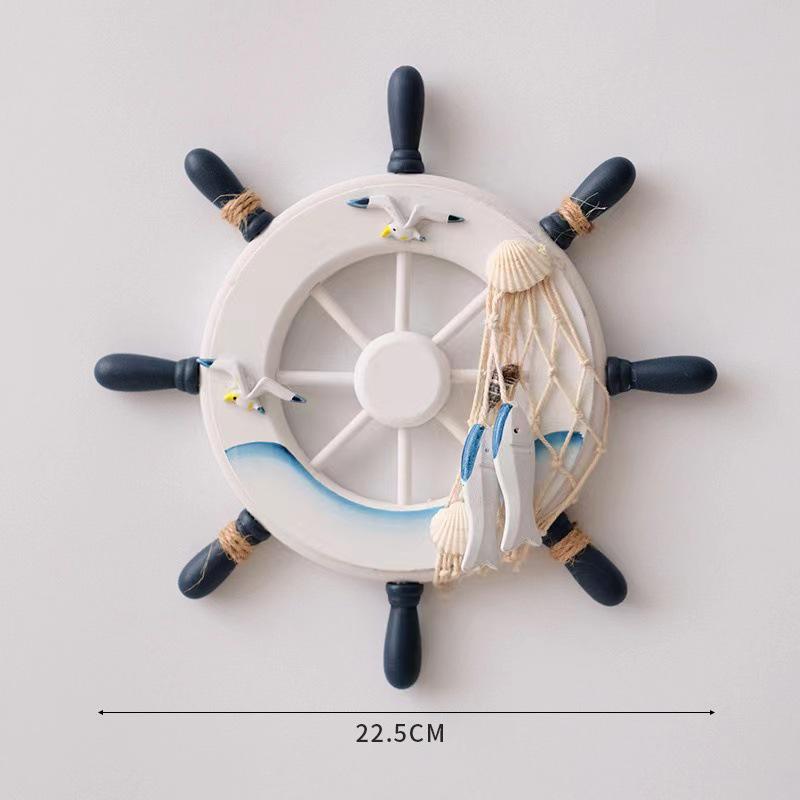 23cm Mediterranean Helmsman Figurine Wall Decoration - Wooden Ship's Wheel Craft