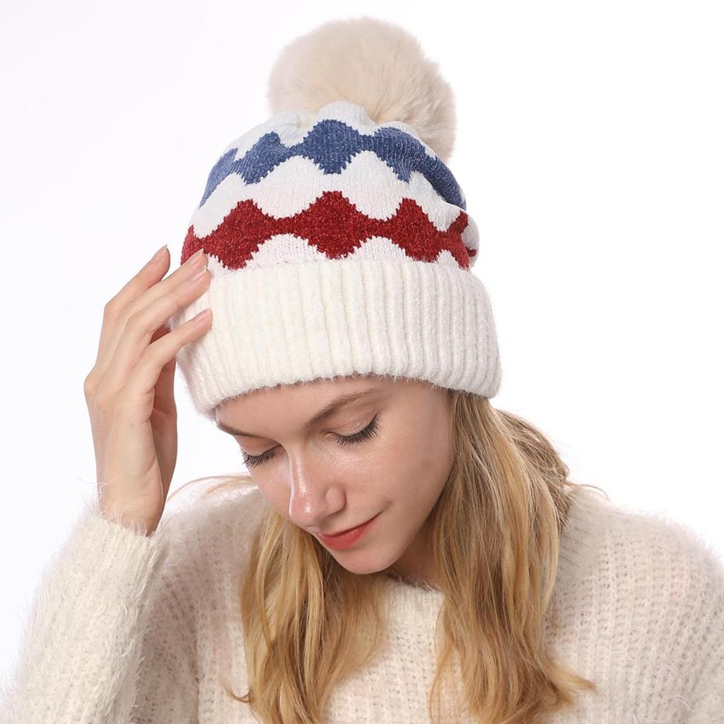Women's Autumn Winter Plush Warm Knit Hat Chenille Soft Wave Wool Ball Wool Hat