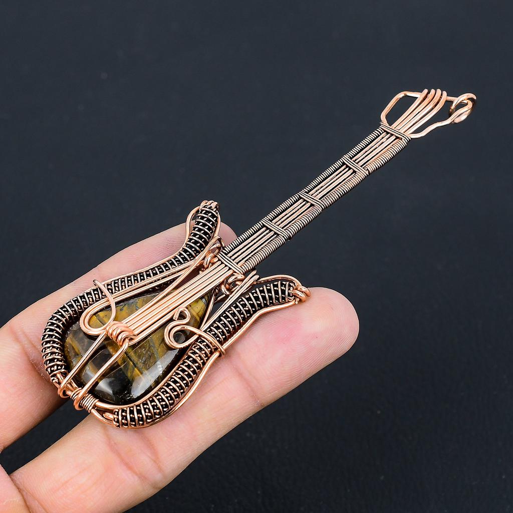 Natural Tiger Eye Gemstone Handmade Copper Wire Wrap Guitar Pendant 4.53 F4t52