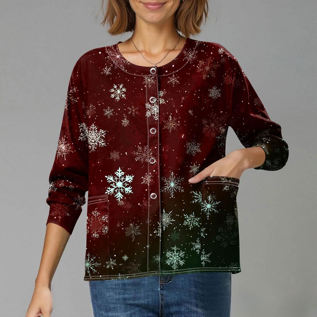 Women's Casual Long-Sleeved Single-Breasted Christmas-Themed Print  Cardigan