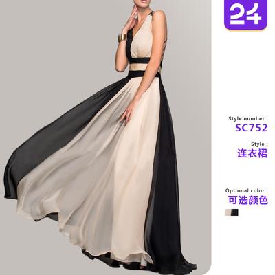 2026 New Amazon Europe Beautiful Women's Foreign Trade Dress Amazon V-neck Sleeveless Color Matching Dress Dress Long Dress