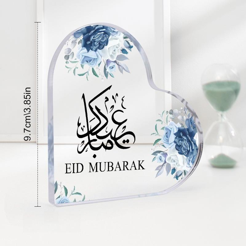2D Flat, Classic Heart-Shaped Acrylic Eid Mubarak Desktop Decoration Plaque, Suitable for wall Decoration, porch, Room, Villa, accents Home, Hallway,