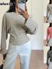 Women's Autumn Striped Batwing Sleeves Ruched T-Shirt High Waist Long Sleeve Shirt