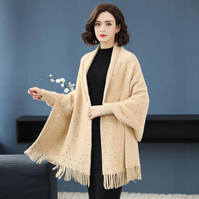 

Женская шаль-куртка из норки на осень и зиму с рукавами, вязаный свитер, накидка, плащ верблюд