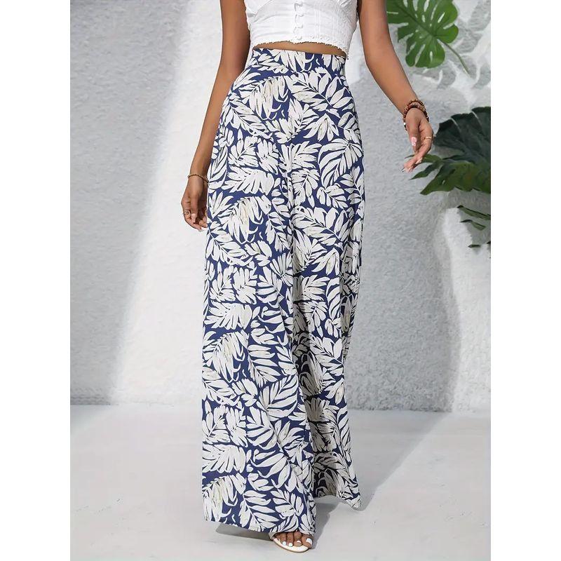 Cross-Border Bohemian Style Autumn New Fashion Leaves Print Loose Casual Elastic High Waist Wide Leg Pants Trousers