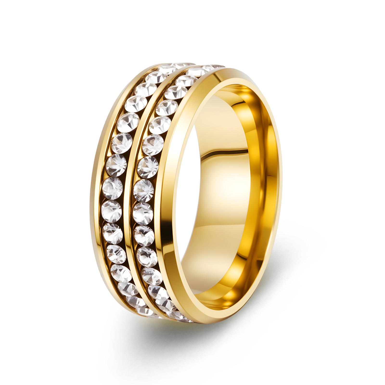 Titanium steel diamond ring korean style jewelry double row diamond zircon jewelry stainless steel ring no. 5 золотой