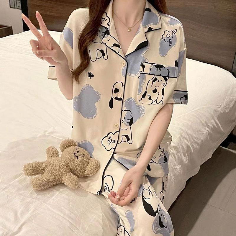 Recommended Pajamas Female Cute Cartoon Kitten Short-Sleeved Trousers Lazy House Cardigan Loungewear Can Be Worn Outside