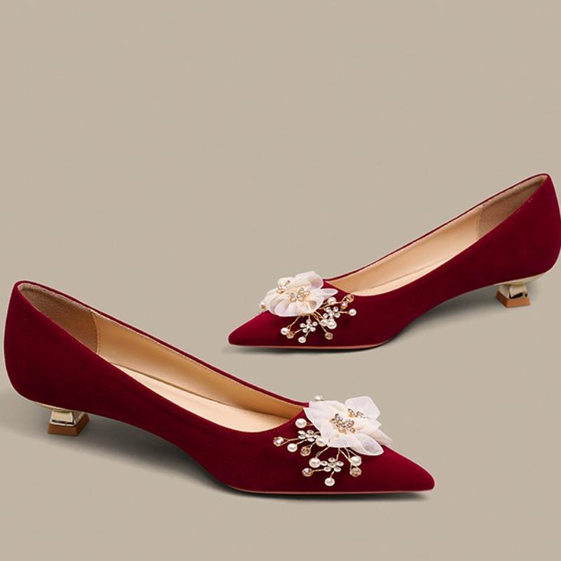Red Pointed Shallow Mouth High Heels  Suede Women's Stiletto Heel Bridal Shoes Soft Comfort Solid Pearl Wedding Single Shoes