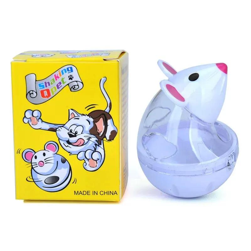Mouse shaped wobbly creature rolling and splashing food, pet puzzle cartoon cat toy leaking food, feeding