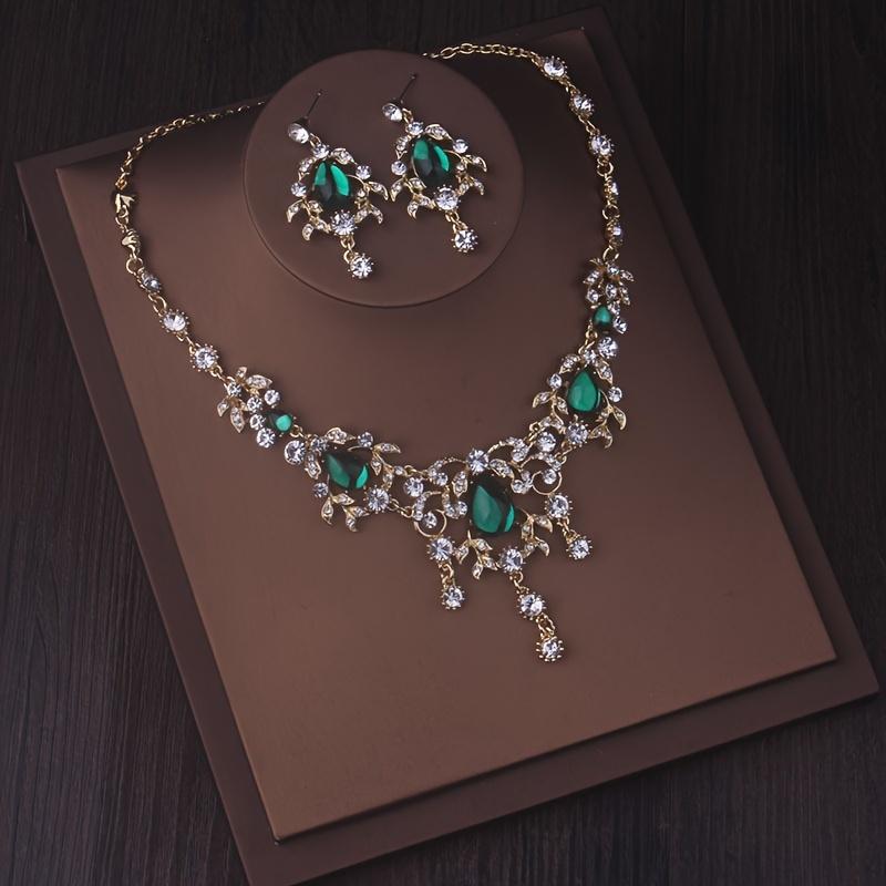 High-end and Stylish New Design Necklace + a Pair of Earrings Set with Red and Green Water Drop Pendants, Bridal Accessories, Evening Party
