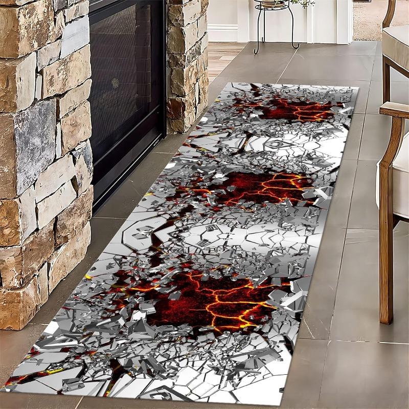 Lodestar Unisex 3D Optical Illusion Broken Mirror Cracked Lava Floor Print Runner Rug Non-Slip Volcano Home Decor Mat For Living Room Bedroom
