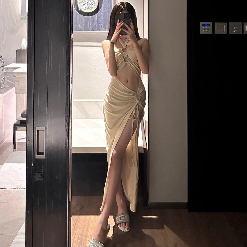 

Модный стиль Чистое желание Сексуальное платье халтер Сексуальный топ-бандо Платье для морского отдыха Туристическое платье Открытый живот Разрез Beige White M