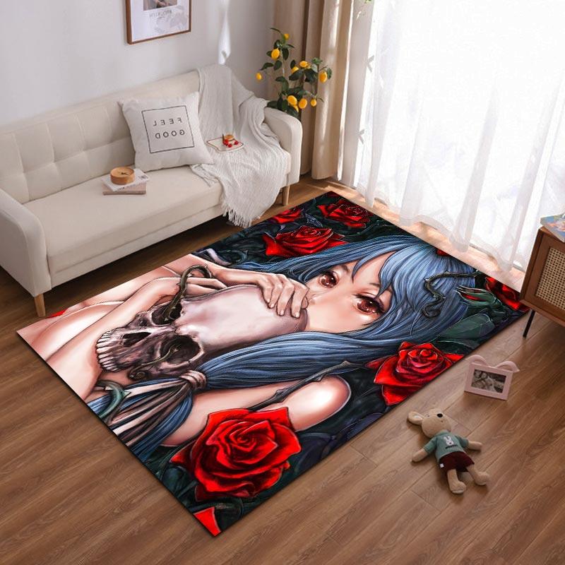 Gothic Skull Art Rug with Red Roses and Dark Fantasy Design Suitable for use as an anti-slip for living room bedroom sofas 40x60cm( 15x23in )