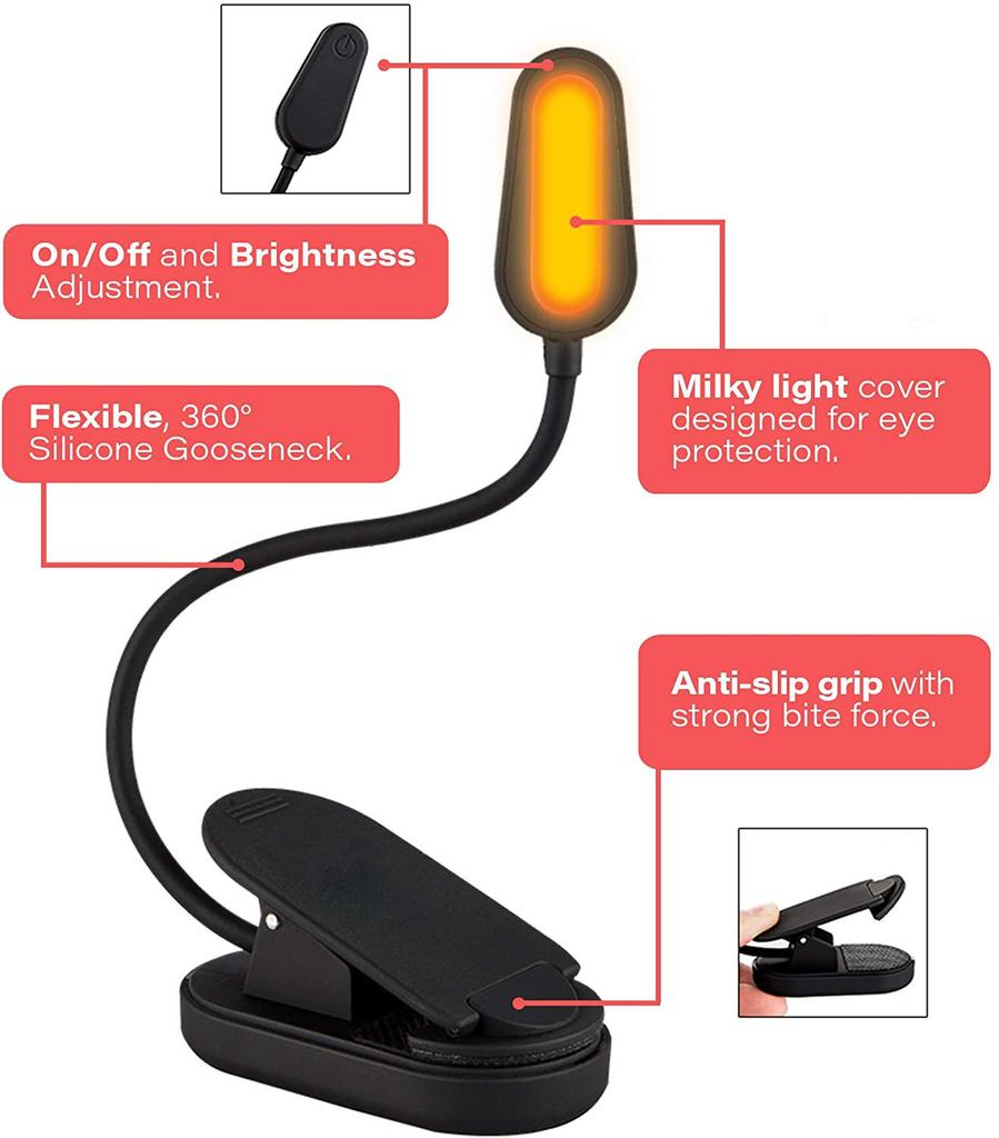 Lightweight Rechargeable 9 LED Amber Book Light  3 Color for Reading in Bed Eye-Care Clip-on Reading Light up to 80 Hours