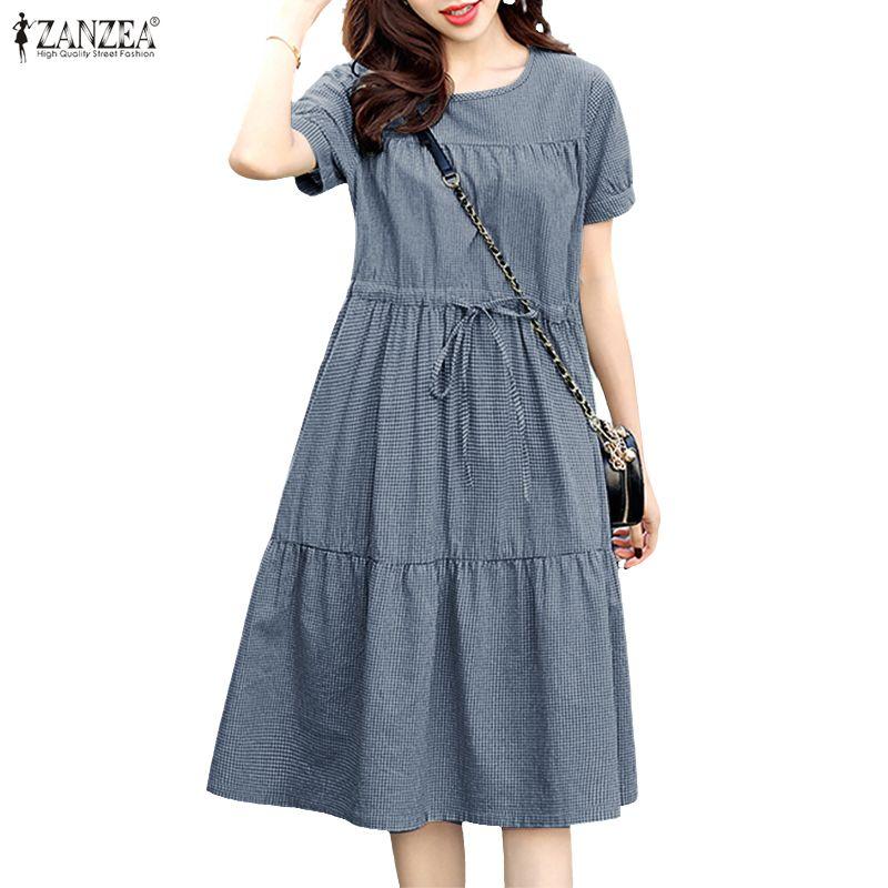 ZANZEA Women Casual Round Neck Summer Short Sleeve Plaid Print Dress