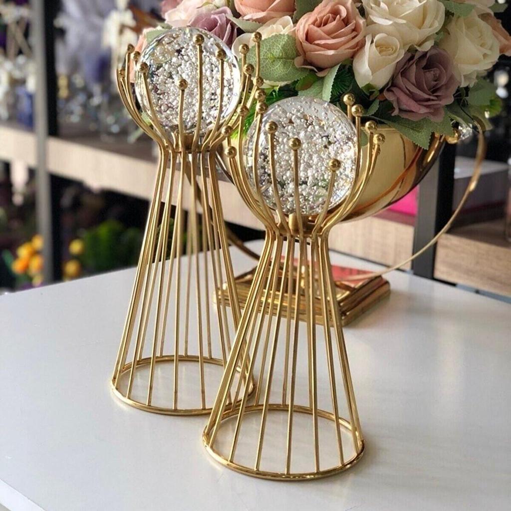 Decorative Accessories Set of 2 Marbles and Bubble Spheres with Metal Legs Gold Color