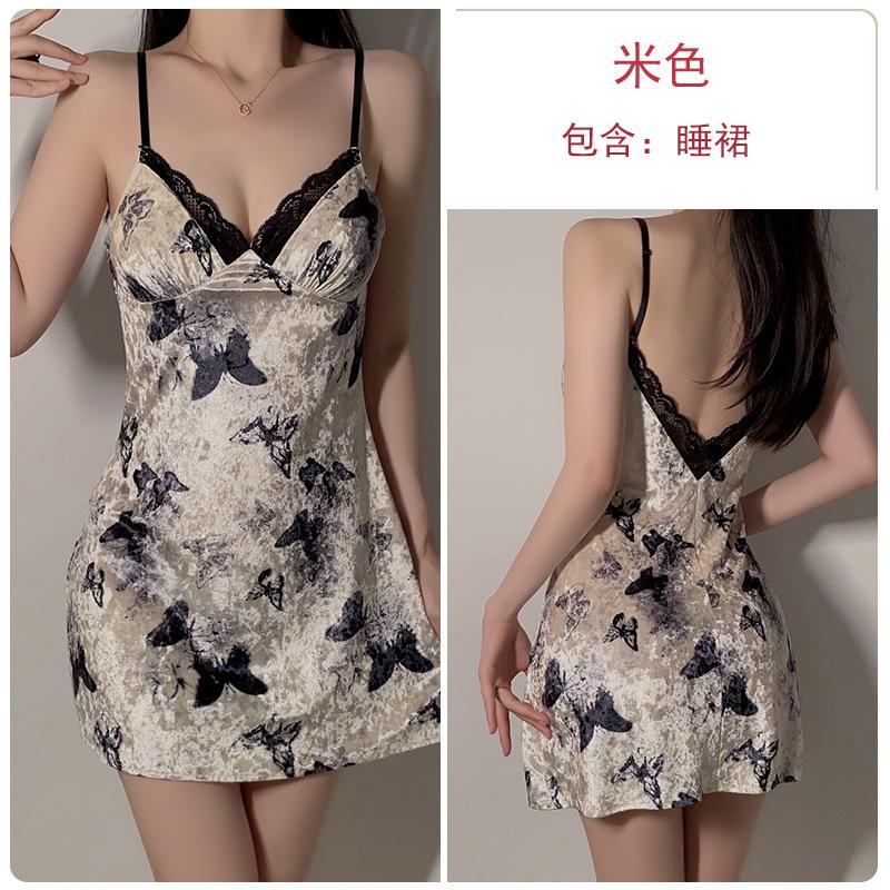 

Light luxury low-cut women s pajamas, hot deep V plus chest pad halter suspender, nightdress, robe, large size set. M
