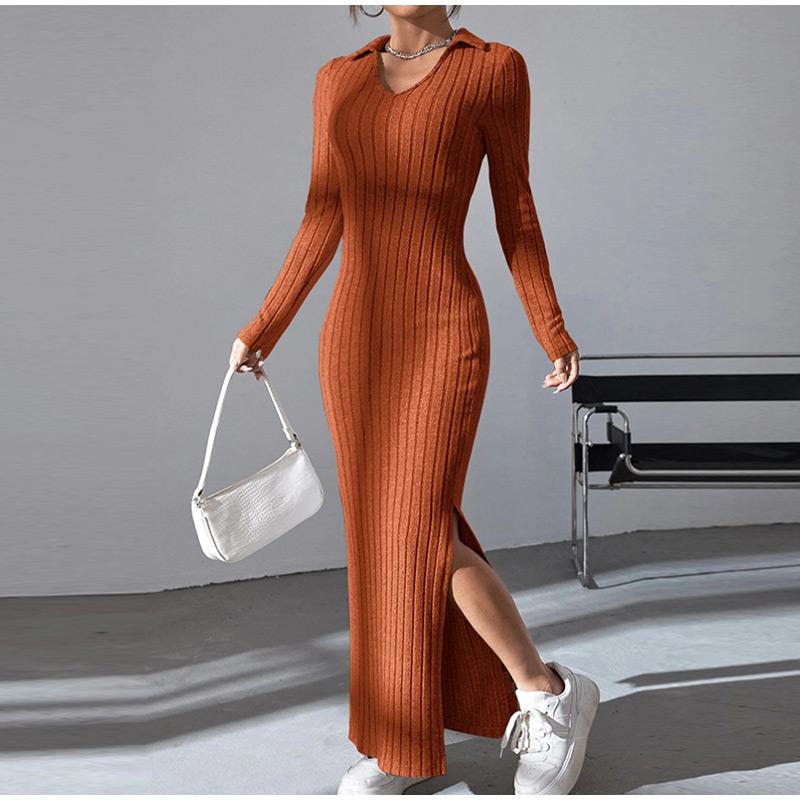 Women's Knit Dress Fall Casual Long Sleeve Lapel Collar Solid Color Bodycon Long Dresses Maxi for Female Going Out Streetwear