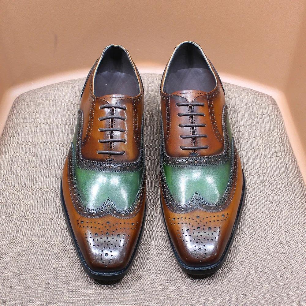 Luxury Mens Brogue Oxford Shoes Genuine Leather Lace Up Wedding Party Office Formal Shoes Handmade Wing Tip Mens Dress Shoes