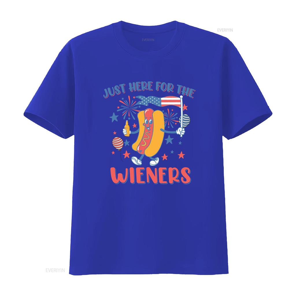 Retro Funny Th of July Just Here For The Wieners Hot Dog Patriotic Print Casual T Shirt Vintage Washed Soft Unisex Stylish