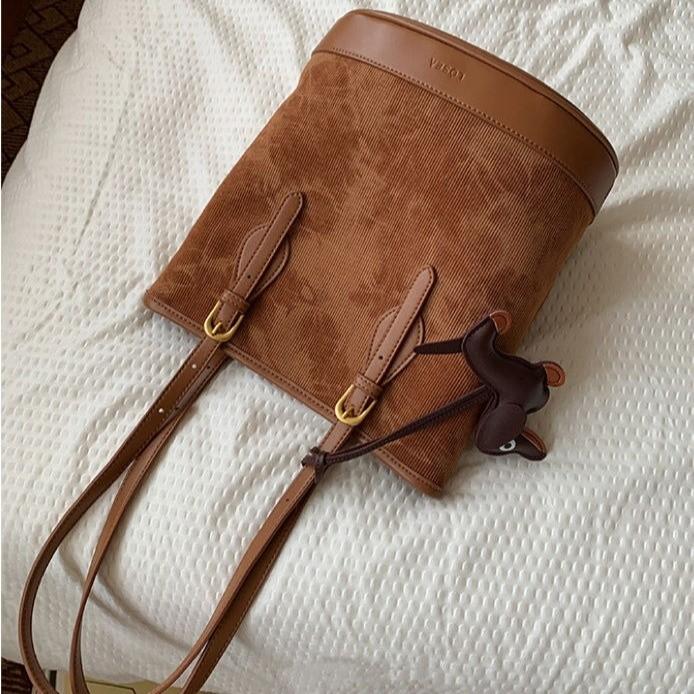 IELGY Fashion Trend All-Match Retro Corduroy Tote Bag Large Capacity One-Shoulder Bucket Bag