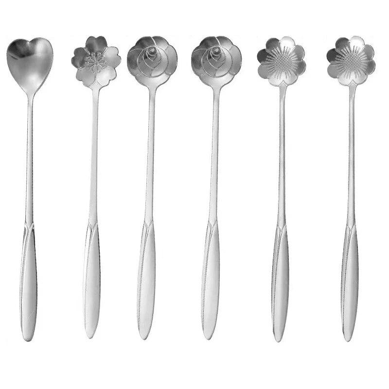 6pcs Stainless Steel Cherry Rose Flower Gold Scoop Coffee Spoon Gifts Kitchen Dessert Tea Accessories Tableware Decoration Set
