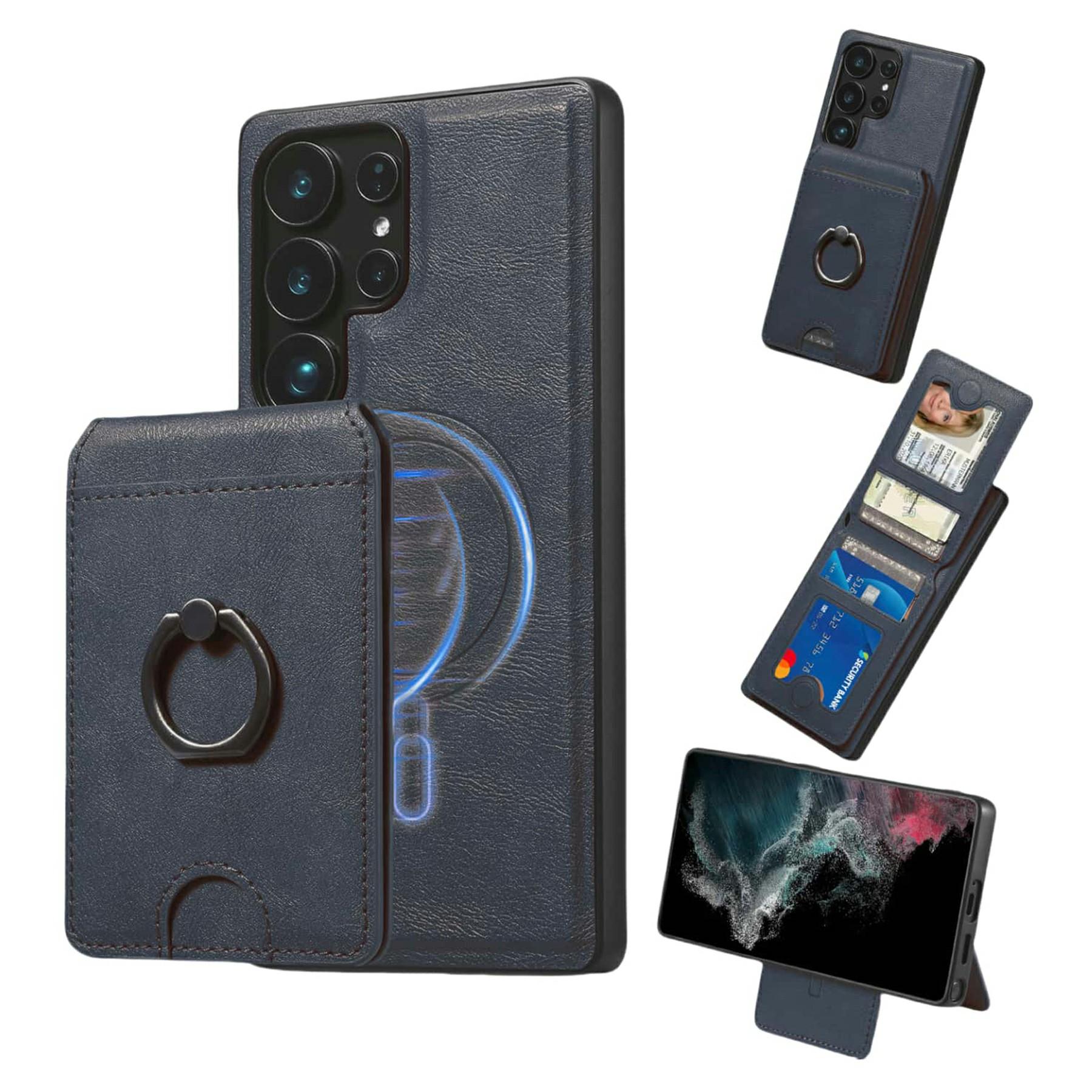 

For Samsung Galaxy S24 Ultra Magnetic Case PC+PU Phone Back Cover with Detachable Card Holder Blue