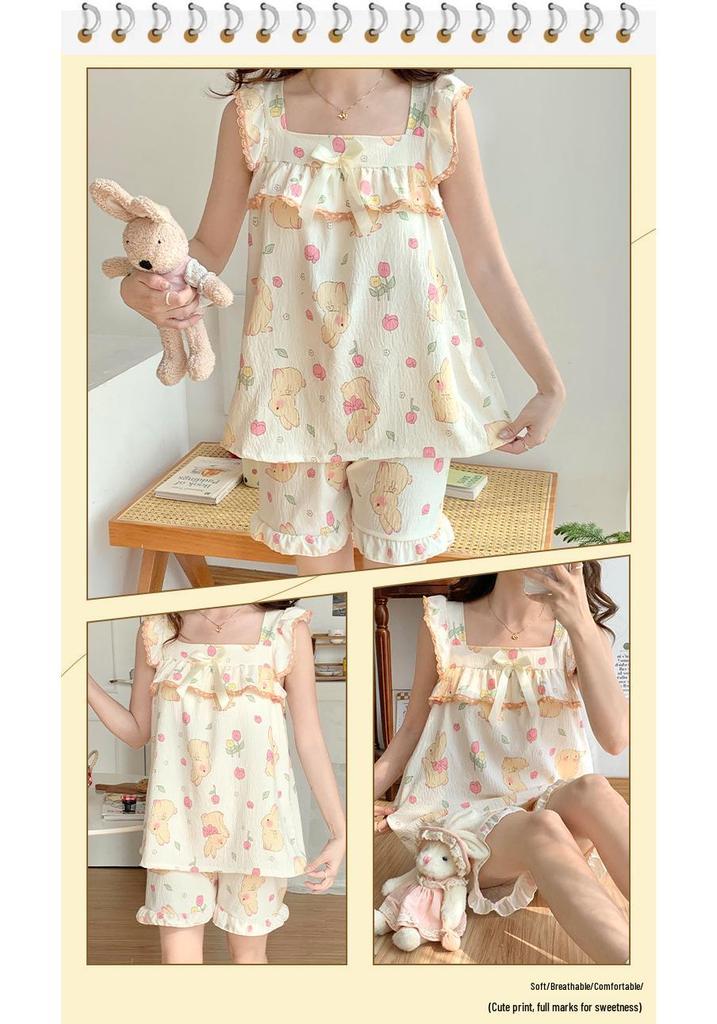 Women's Cloud Cotton Camisole Pajamas with Built-in Bra - Summer Sweet Style, Two-Piece Shorts Set, Wear Indoors or Out.