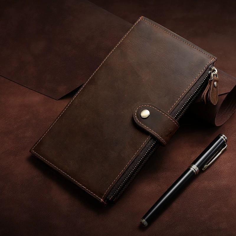 Leather Leather Long Men's Wallet Multi-card Position RFID Anti-degaussing Anti-theft Brush Zipper Wallet Can Be Placed In Mobile Phone