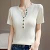 Navava Women Pastel Rib Button Point Short Sleeve Knit Tee