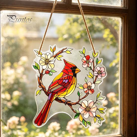 Durable Wall Hanging 1/2Pcs Acrylic Red Bird Decoration, Standing on Flower Pastoral Home Decor Branch Ornament, Indoor Outdoor Window Theme Garden