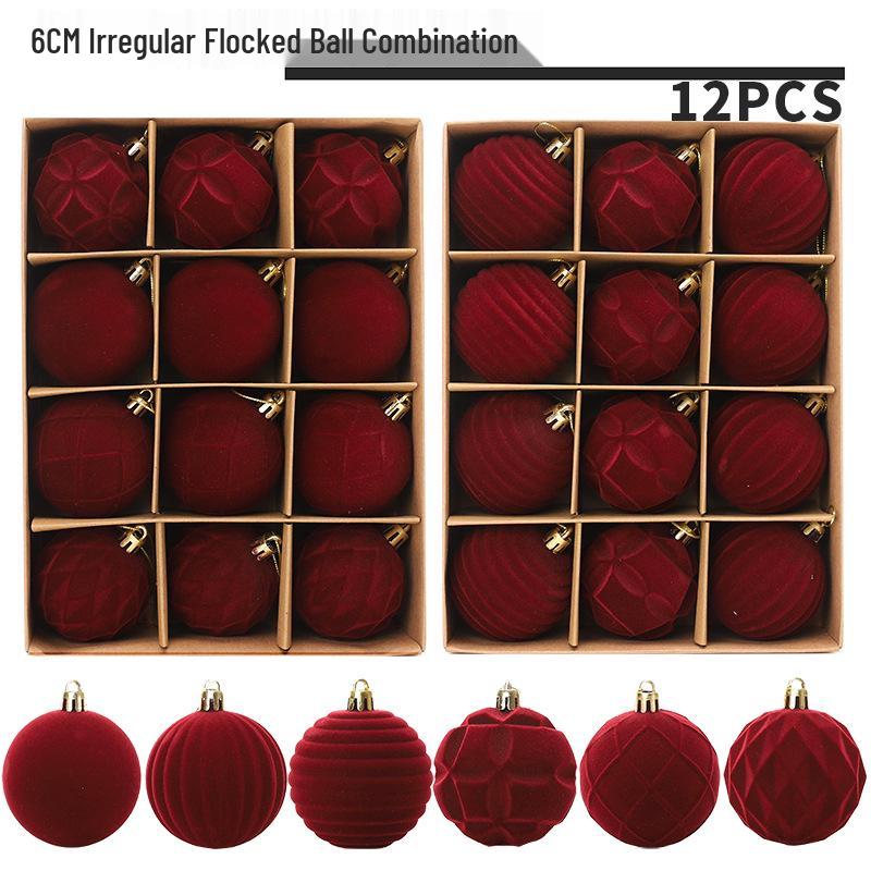 Christmas Flocked Velvet Balls, 6cm, 12-Piece Set - Irregular Plastic Tree Ornaments