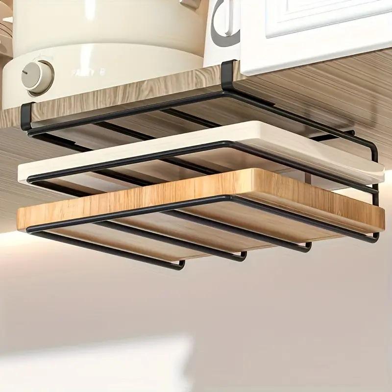 Kitchen Under Cupboard Hanging Organizer Rack with Hook Paper Towel Rags Hanger Cutting Board Pot Cover Holder Storage Shelf