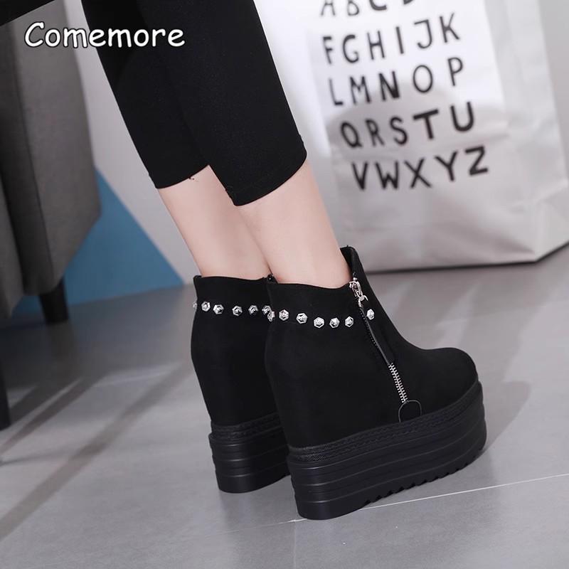 Bocanci cu toc înalt pană 13CM Platformă Talpă groasă Nituri Modă Pantofi de damă Alungire Tălpii Bocanci negri pentru stil Gotik