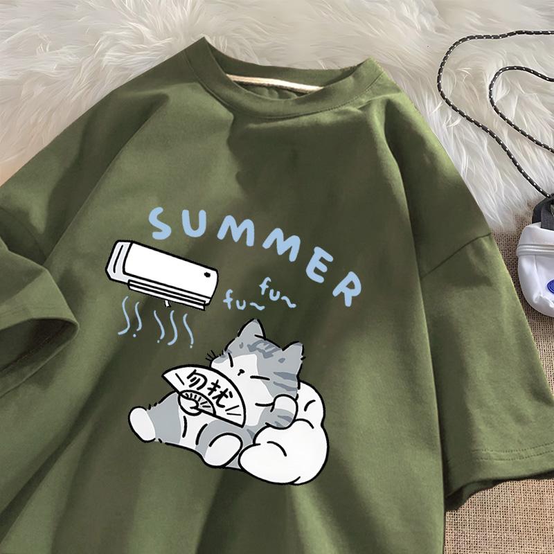 Summer Cat T Shirt for Men Women American Street Creative Funny Air Conditioner Cat T-shirts Cotton O Neck Tee Shirt Streetwear