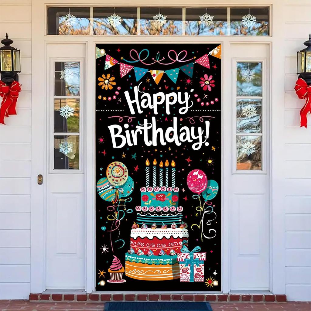 Birthday Door Cover Banner Colorful Cake Balloon Banner Party Decoration Hanging Backdrop for Kids Adults Birthday Celebration Entrance Photography