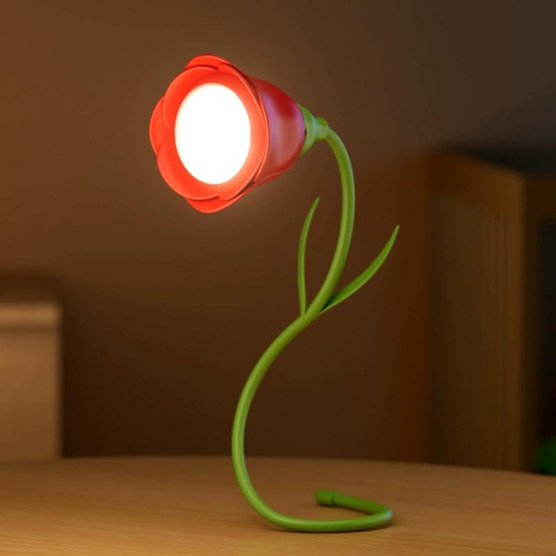 Rose LED Desk Lamp Bendable Rechargeable Dimmable Flower Night Light with Brightness Memory Creative Gift for Women/Wife/Girl