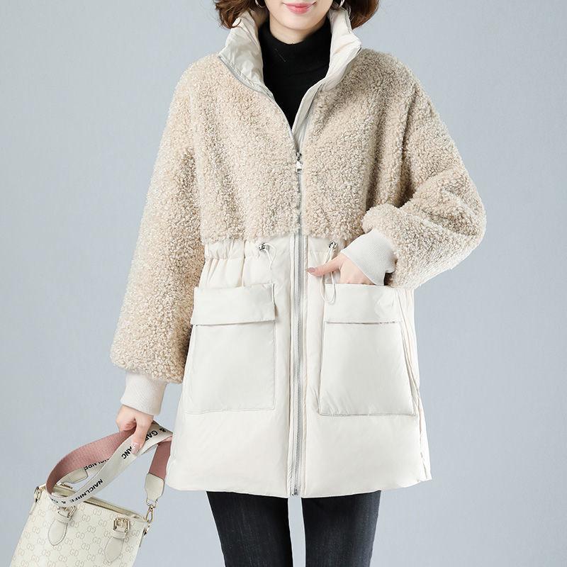 Women's Mid-Length Winter Lamb Wool & Cotton-Blend Jacket - Loose, Plus Size for Middle-Aged Women