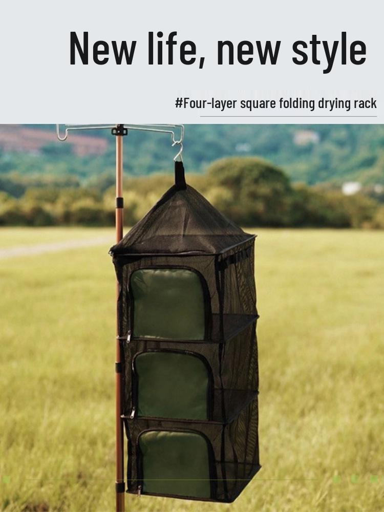 Four-Layer Outdoor Folding Drying Rack for Cutlery, Fruits, and Vegetables with Mosquito-Proof Netting