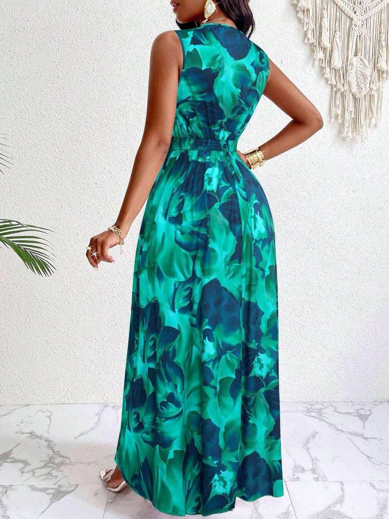 Women's Elegant Tropical Print V-neck Long Dress